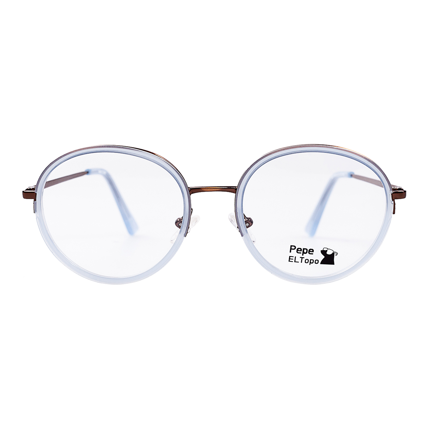 Lentes de diseño unisex Brunne de Pepe El Topo. Estructura de acero inoxidable marrón con aros internos de TR90 celeste traslúcido. Montura redonda ligera y moderna.