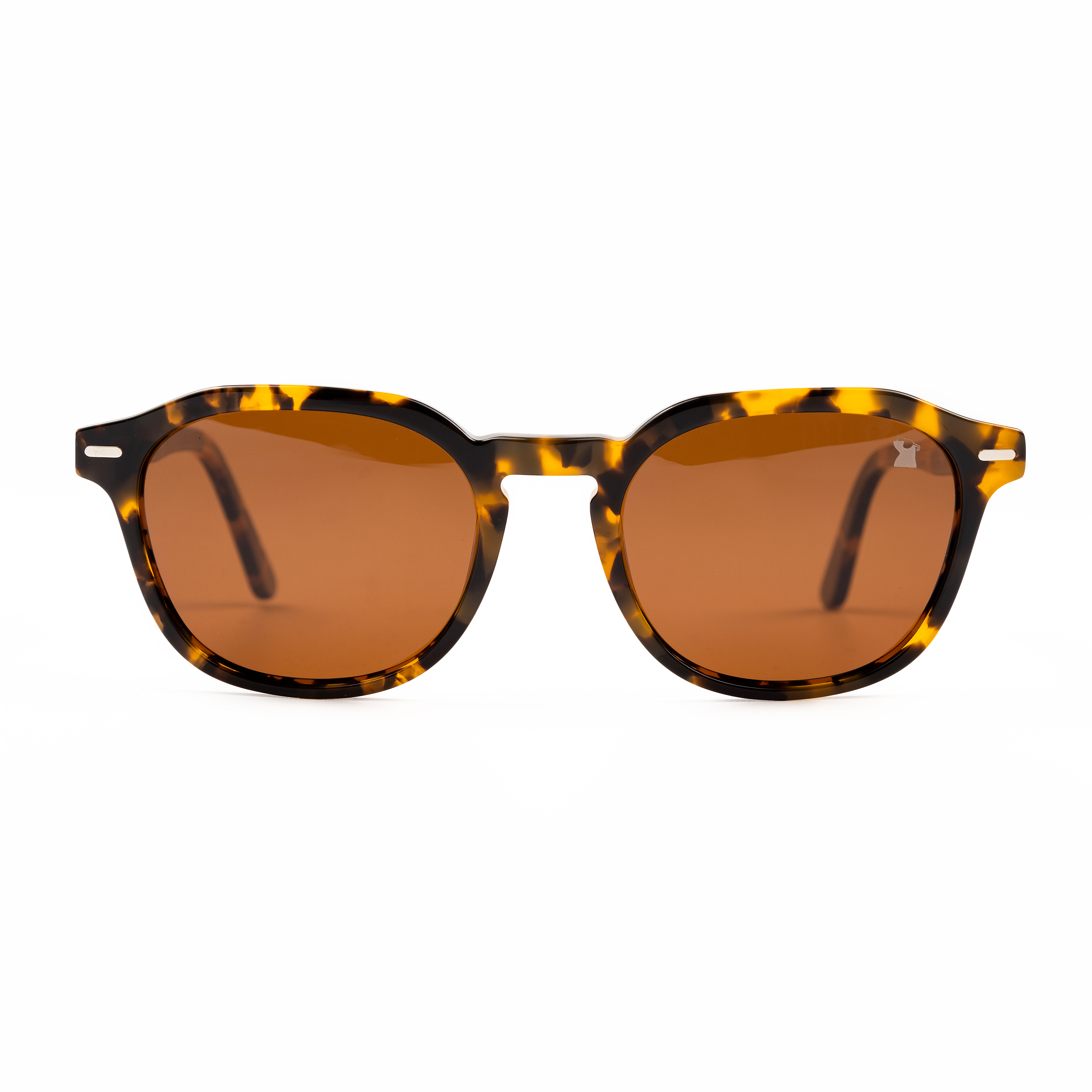 Lentes de sol polarizados Milano Carey de Pepe El Topo. Montura panto clásica de acetato habana tortoiseshell con puente de llave, pines decorativos plateados y cristales marrón café.