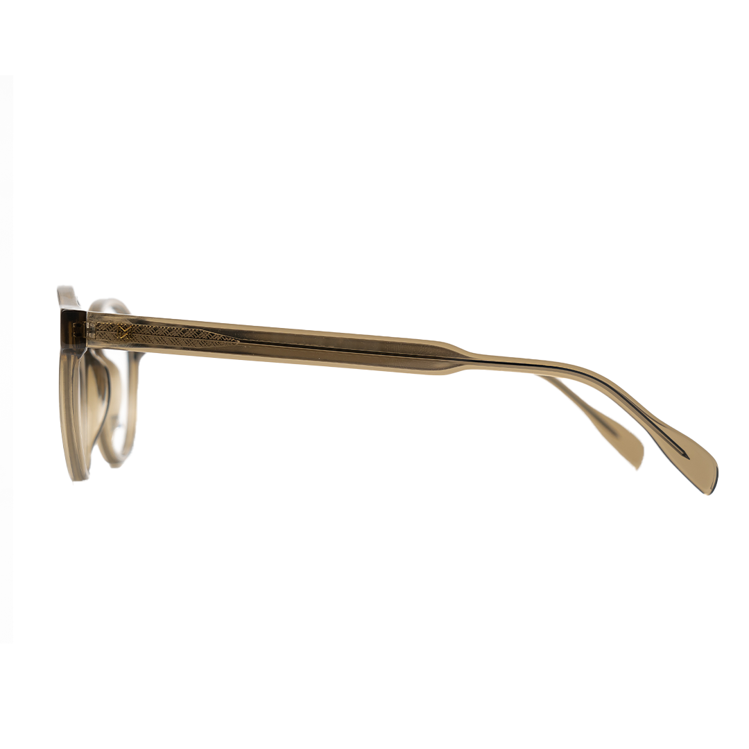Montura de lentes de autor Morrison Lifestyle modelo Ámbar en bio-acetato color miel traslúcido. Diseño de aros ascendentes estilo mariposa con puente anatómico. Lentes sostenibles de diseño premium.